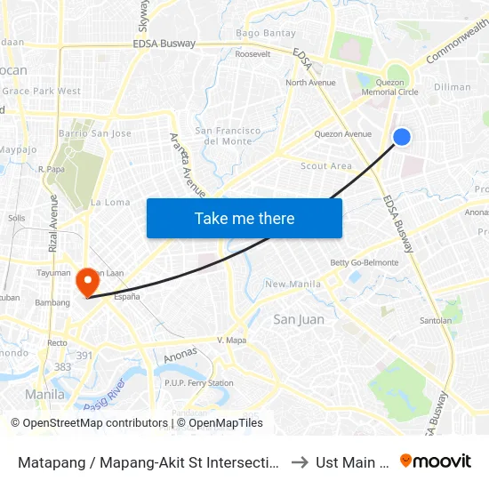Matapang / Mapang-Akit St Intersection, Quezon City, Manila to Ust Main Building map