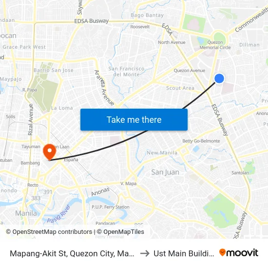 Mapang-Akit St, Quezon City, Manila to Ust Main Building map