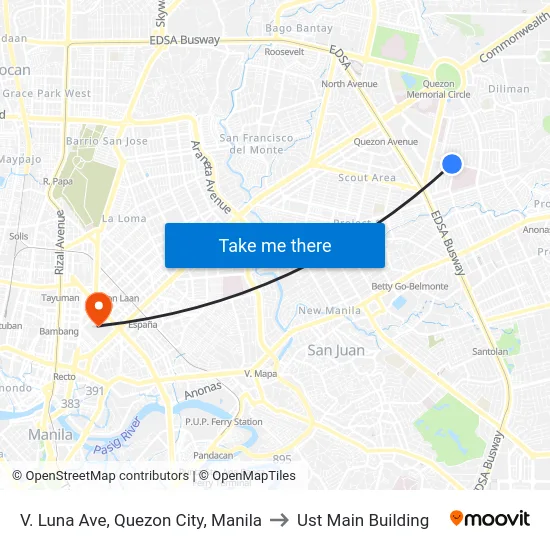 V. Luna Ave, Quezon City, Manila to Ust Main Building map