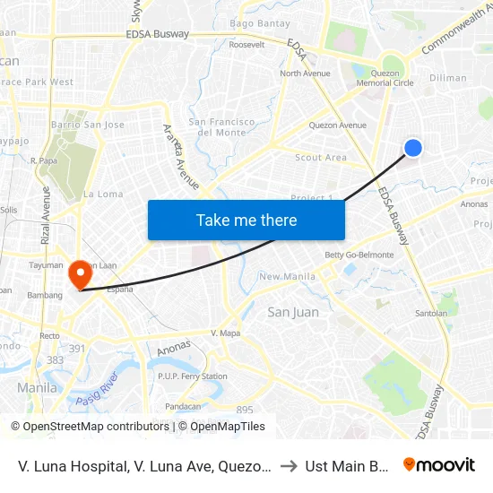 V. Luna Hospital, V. Luna Ave, Quezon City, Manila to Ust Main Building map