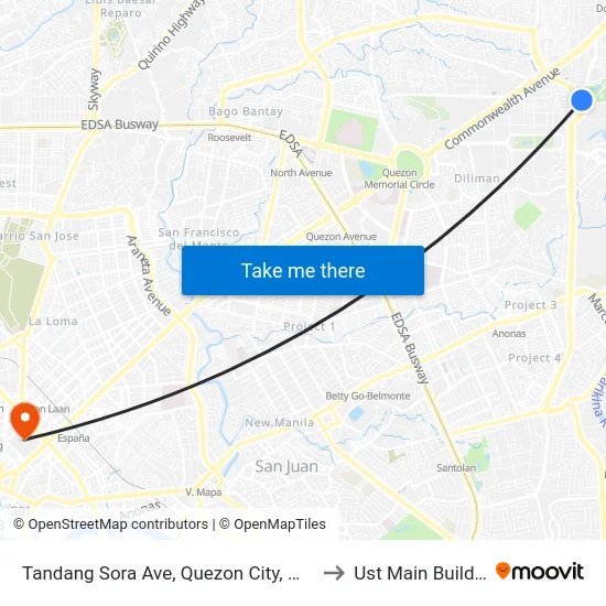 Tandang Sora Ave, Quezon City, Manila to Ust Main Building map