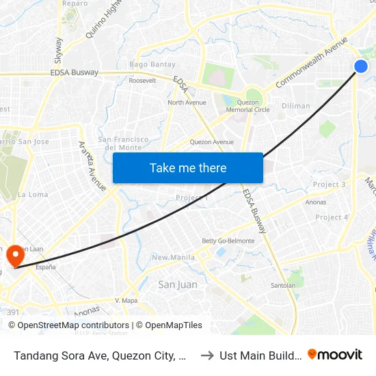 Tandang Sora Ave, Quezon City, Manila to Ust Main Building map