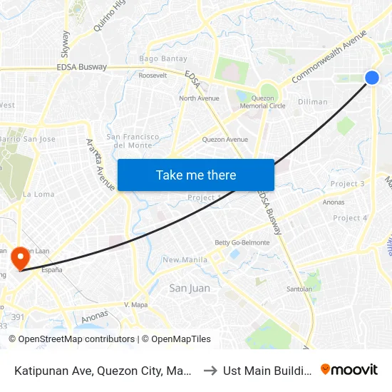 Katipunan Ave, Quezon City, Manila to Ust Main Building map