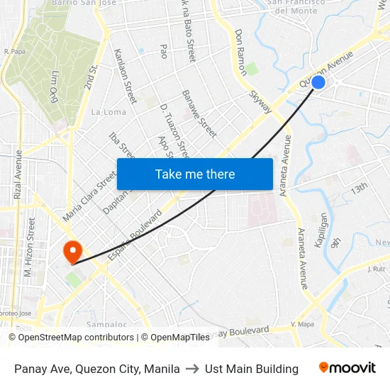 Panay Ave, Quezon City, Manila to Ust Main Building map