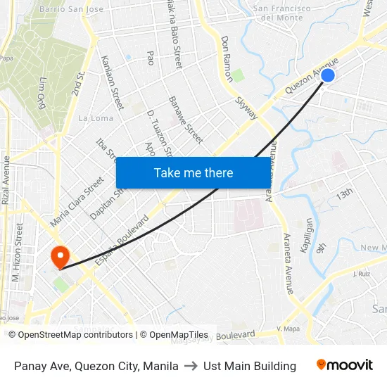 Panay Ave, Quezon City, Manila to Ust Main Building map