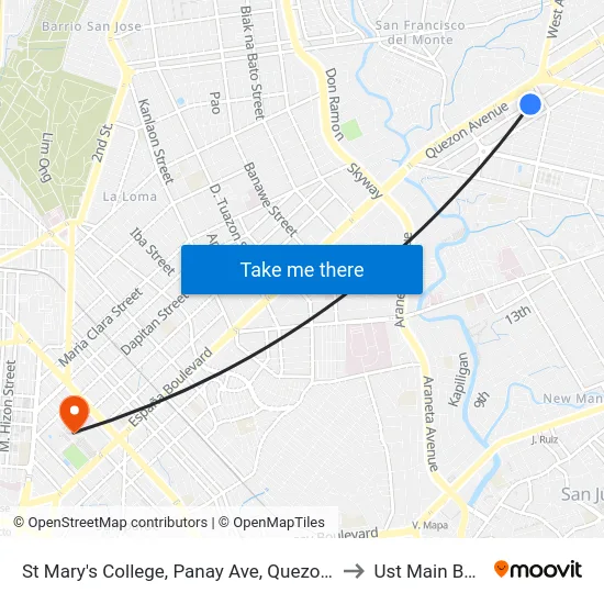 St Mary's College, Panay Ave, Quezon City, Manila to Ust Main Building map