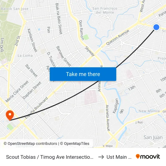 Scout Tobias / Timog Ave Intersection, Quezon City, Manila to Ust Main Building map