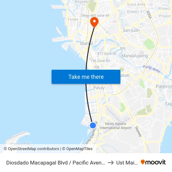 Diosdado Macapagal Blvd / Pacific Avenue Intersection, Parañaque City, Manila to Ust Main Building map