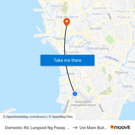 Domestic Rd, Lungsod Ng Pasay, Manila to Ust Main Building map