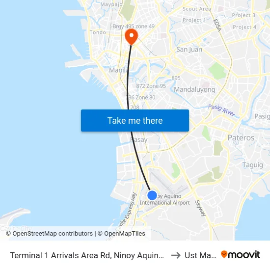 Terminal 1 Arrivals Area Rd, Ninoy Aquino International Airport,  Parañaque City, Manila to Ust Main Building map