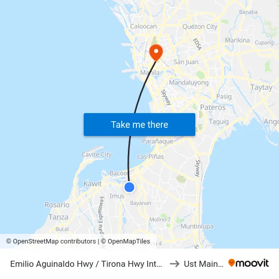 Emilio Aguinaldo Hwy / Tirona Hwy Intersection, Bacoor City, Manila to Ust Main Building map