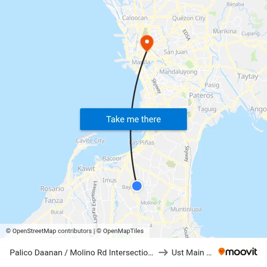 Palico Daanan / Molino Rd Intersection, Bacoor City, Manila to Ust Main Building map