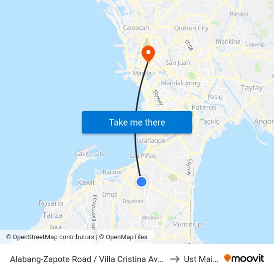 Alabang-Zapote Road / Villa Cristina Ave Intersection, Las Piñas City, Manila to Ust Main Building map