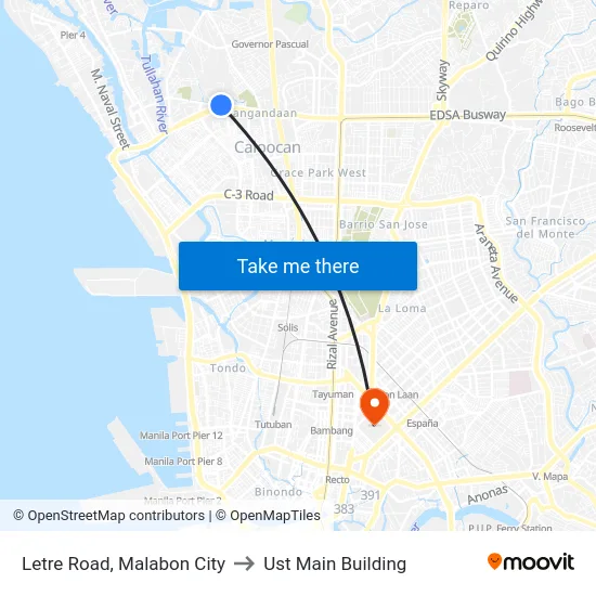 Letre Road, Malabon City to Ust Main Building map