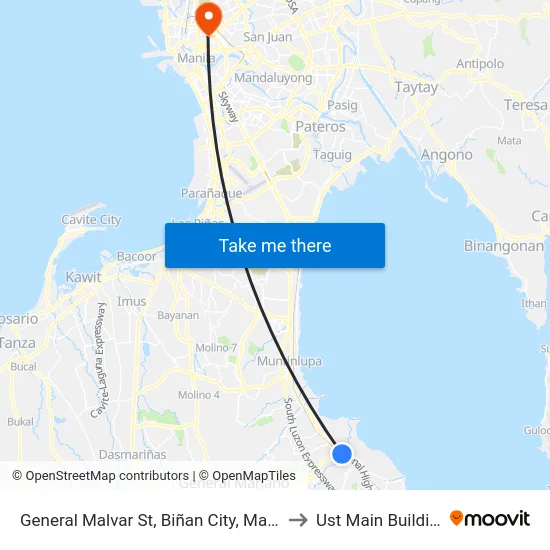 General Malvar St, Biñan City, Manila to Ust Main Building map