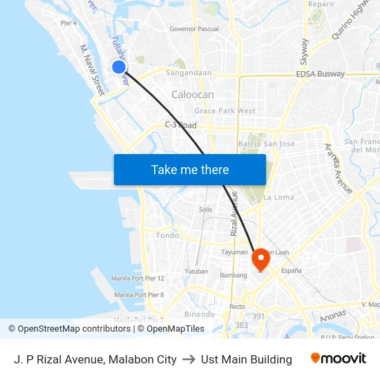 J. P Rizal Avenue, Malabon City to Ust Main Building map