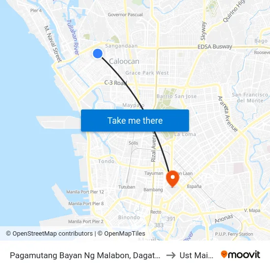 Pagamutang Bayan Ng Malabon, Dagat- Dagatan Avenue, Caloocan City to Ust Main Building map