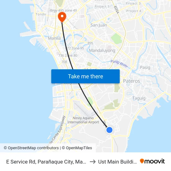 E Service Rd, Parañaque City, Manila to Ust Main Building map