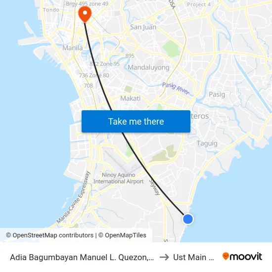 Adia Bagumbayan Manuel L. Quezon, Taguig City, Manila to Ust Main Building map