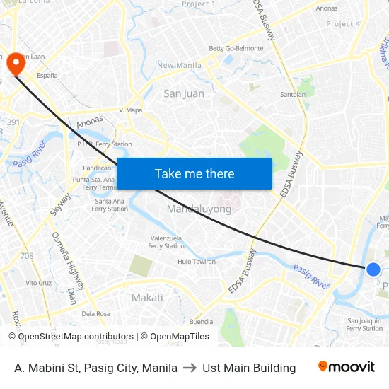 A. Mabini St, Pasig City, Manila to Ust Main Building map