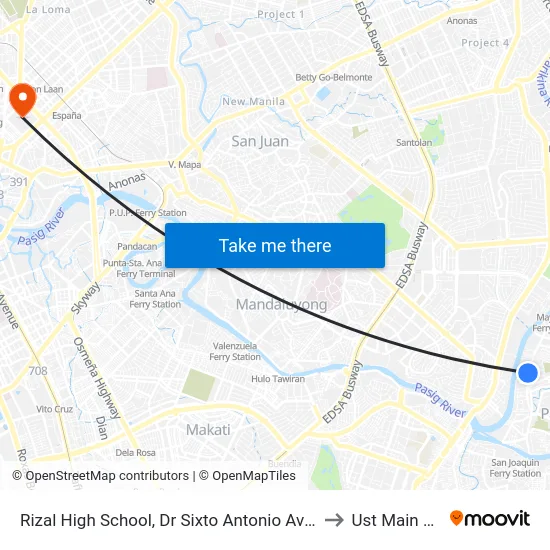 Rizal High School, Dr Sixto Antonio Ave, Pasig City, Manila to Ust Main Building map