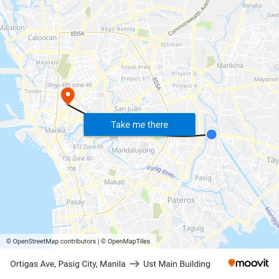 Ortigas Ave, Pasig City, Manila to Ust Main Building map