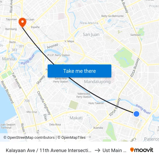 Kalayaan Ave / 11th Avenue Intersection, Makati City, Manila to Ust Main Building map
