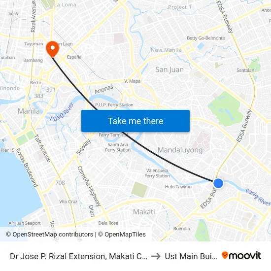Dr Jose P. Rizal Extension, Makati City, Manila to Ust Main Building map