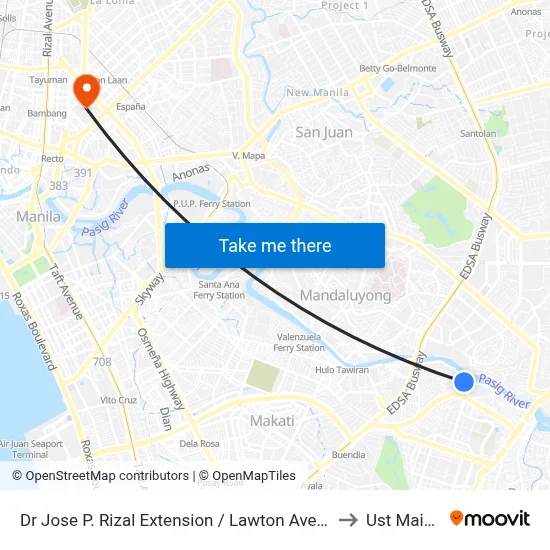 Dr Jose P. Rizal Extension / Lawton Ave Intersection, Makati City, Manila to Ust Main Building map