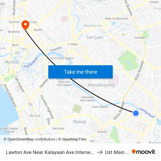 Lawton Ave Near Kalayaan Ave Intersection , Makati City, Manila to Ust Main Building map