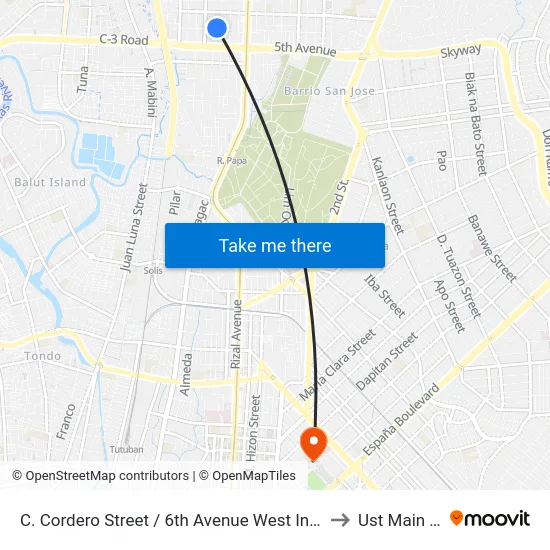 C. Cordero Street / 6th Avenue West Intersection, Caloocan City to Ust Main Building map