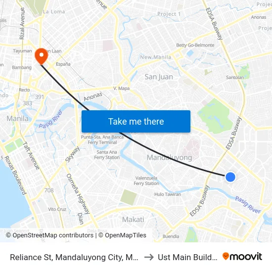 Reliance St, Mandaluyong City, Manila to Ust Main Building map