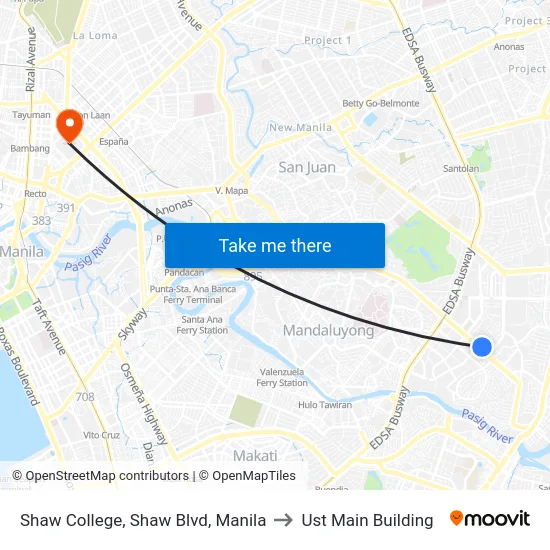 Shaw College, Shaw Blvd, Manila to Ust Main Building map