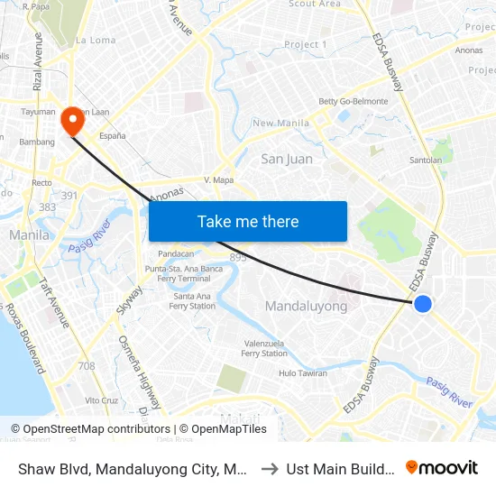 Shaw Blvd, Mandaluyong City, Manila to Ust Main Building map