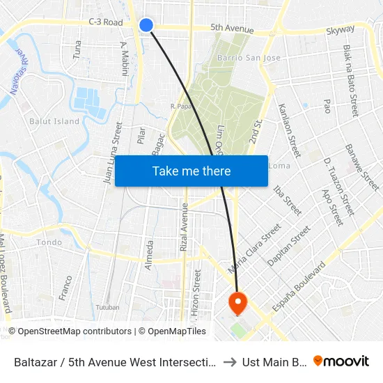 Baltazar / 5th Avenue West Intersection, Caloocan City to Ust Main Building map