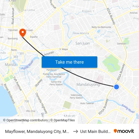 Mayflower, Mandaluyong City, Manila to Ust Main Building map