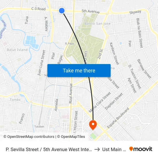 P. Sevilla Street / 5th Avenue West Intersection, Caloocan City to Ust Main Building map