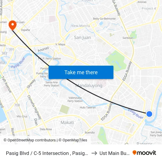 Pasig Blvd / C-5 Intersection , Pasig City, Manila to Ust Main Building map