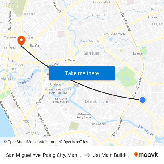 San Miguel Ave, Pasig City, Manila to Ust Main Building map