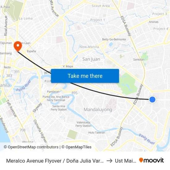 Meralco Avenue Flyover / Doña Julia Vargas Ave Intersection, Pasig City, Manila to Ust Main Building map