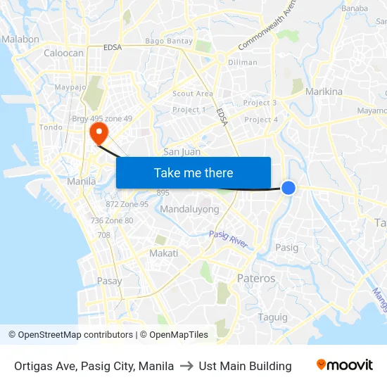 Ortigas Ave, Pasig City, Manila to Ust Main Building map