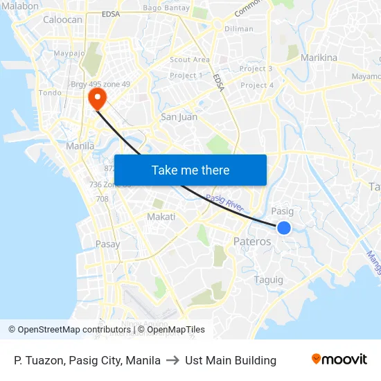 P. Tuazon, Pasig City, Manila to Ust Main Building map