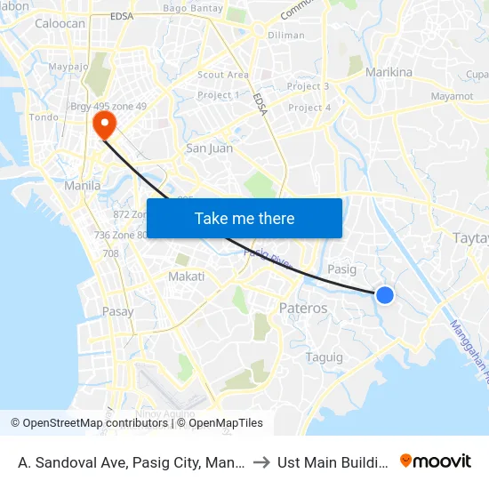 A. Sandoval Ave, Pasig City, Manila to Ust Main Building map