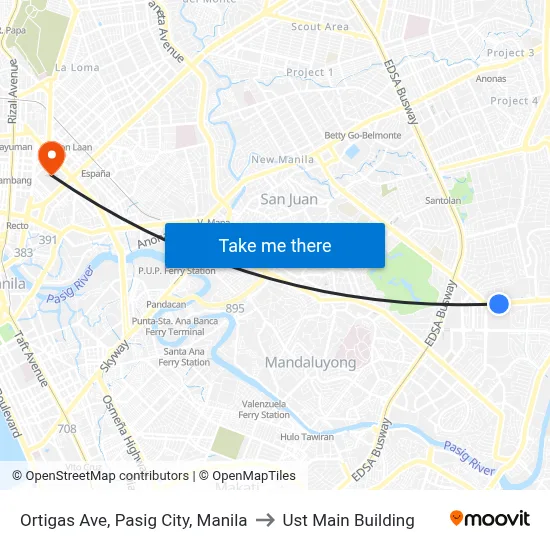 Ortigas Ave, Pasig City, Manila to Ust Main Building map