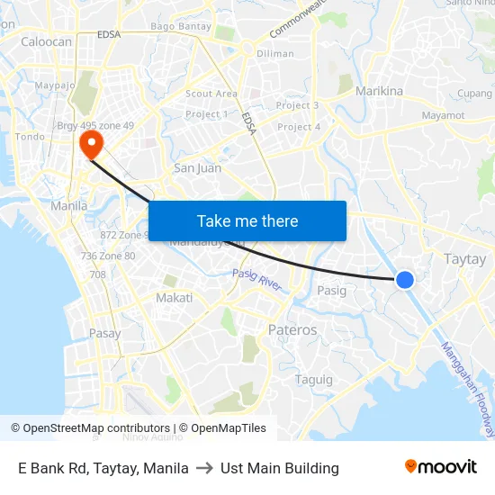 E Bank Rd, Taytay, Manila to Ust Main Building map