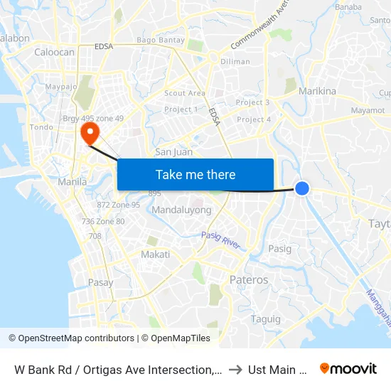 W Bank Rd / Ortigas Ave Intersection, Pasig City, Manila to Ust Main Building map