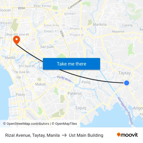 Rizal Avenue, Taytay, Manila to Ust Main Building map