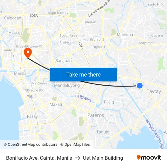 Bonifacio Ave, Cainta, Manila to Ust Main Building map