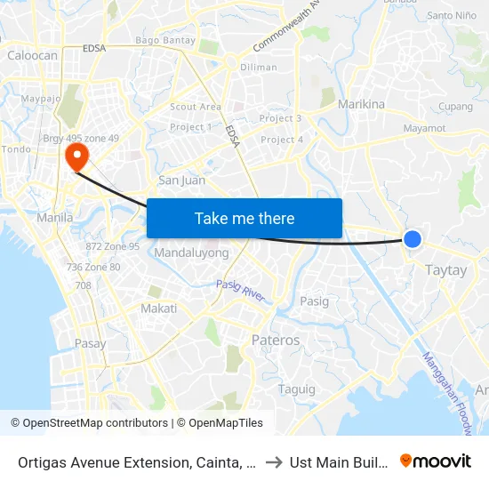 Ortigas Avenue Extension, Cainta, Manila to Ust Main Building map