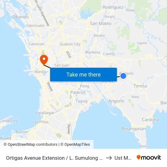 Ortigas Avenue Extension / L. Sumulong Memorial Cir Intersection, Antipolo City, Manila to Ust Main Building map
